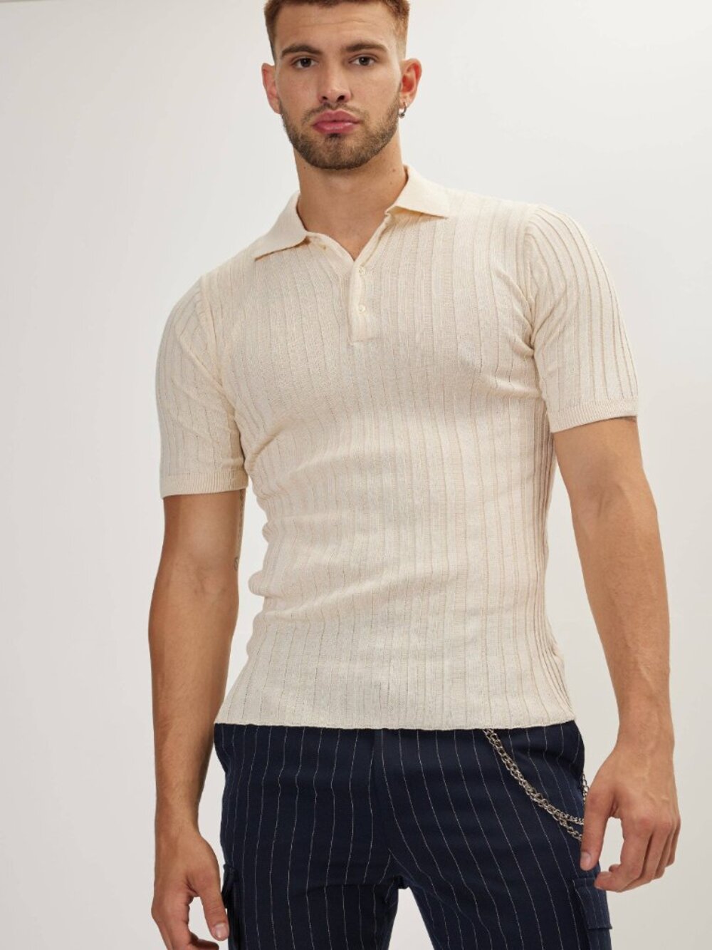 Ron Tomson Beige Ribbed Short Sleeve Knit Polo